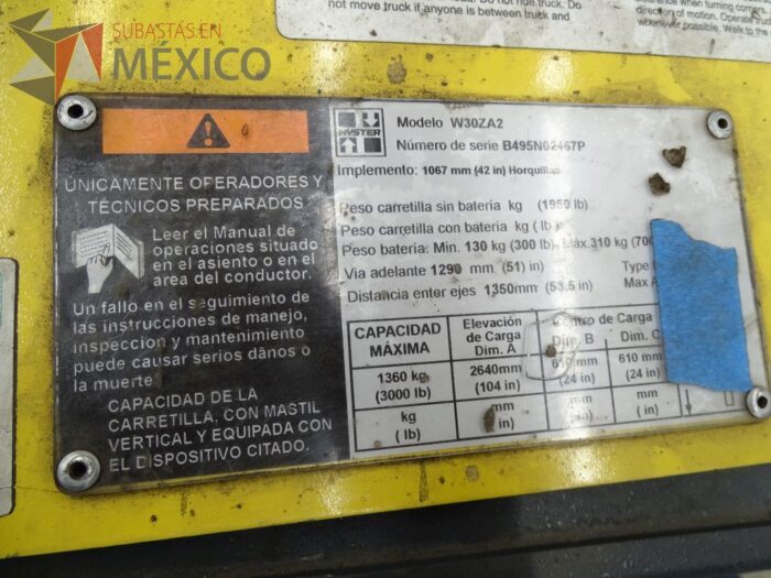 Lote 001 - Montacargas Eléctrico Apilador W30ZA2, Año 2016 - Imagen 10