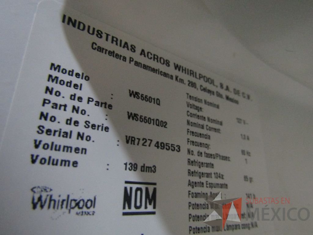 Lote 002 - Frigobar, Marca: Whirlpool, Modelo: WS5501Q - Subastas en México