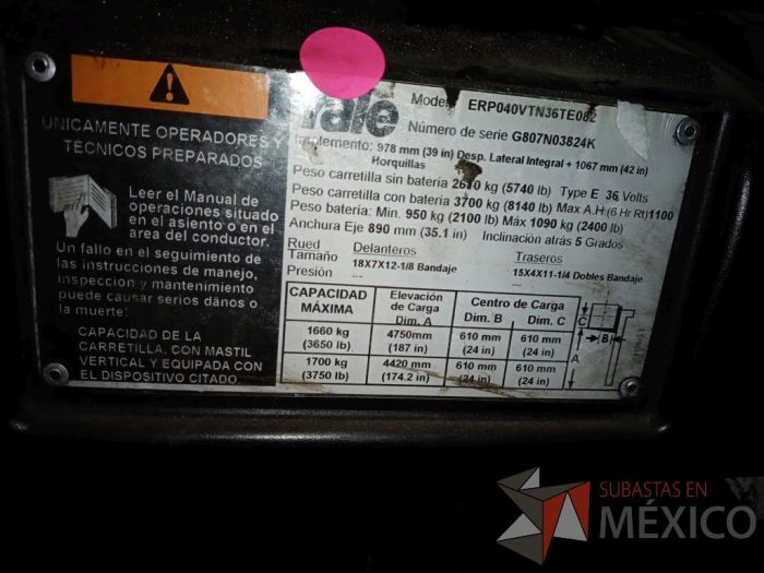 Lote 016 - Carretilla elevadora eléctrica Yale ERP040VTN36TE082, Año: 2012 - Imagen 17