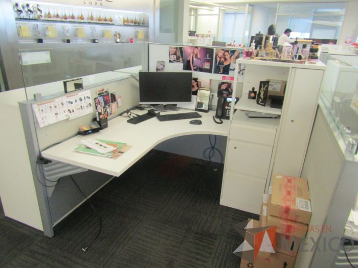 Lote 007 - Estación de trabajo para 9 personas de mampara baja con 9 gabinetes altos de 3 cajones, 1 puerta y 1 entrepaño color blanco. - Imagen 8