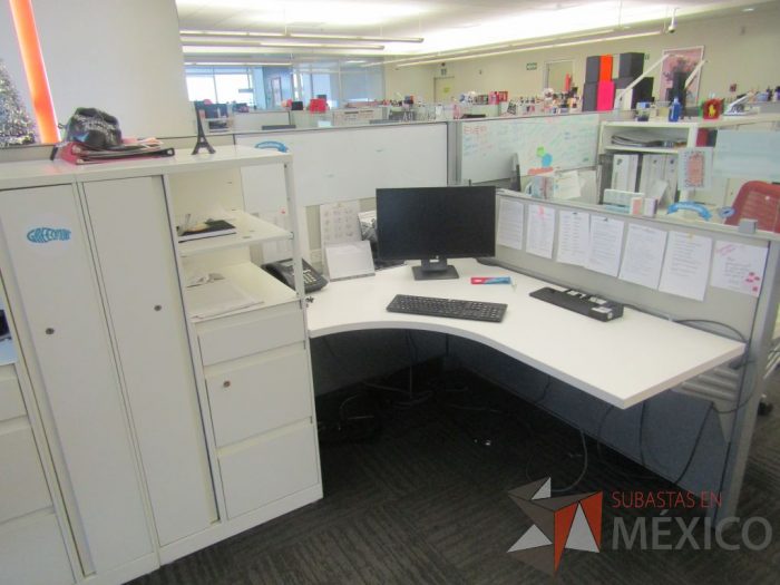 Lote 007 - Estación de trabajo para 9 personas de mampara baja con 9 gabinetes altos de 3 cajones, 1 puerta y 1 entrepaño color blanco. - Imagen 13
