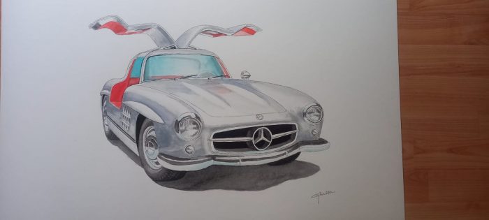 Lote 015 - Artista: Gilberto Villegas. Mercedes Benz 300 SL, 1956, ilustracion original, a color, firmada en la parte inferior derecha.