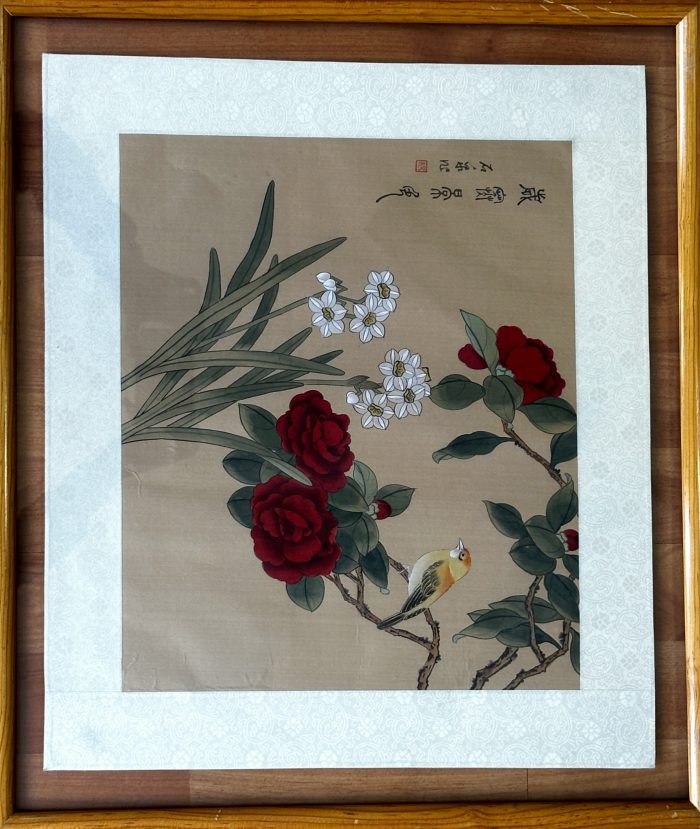 Lote 035 - Sin autoría identificada - Japonés. Pájaro con rosas - Acuarela sobre seda