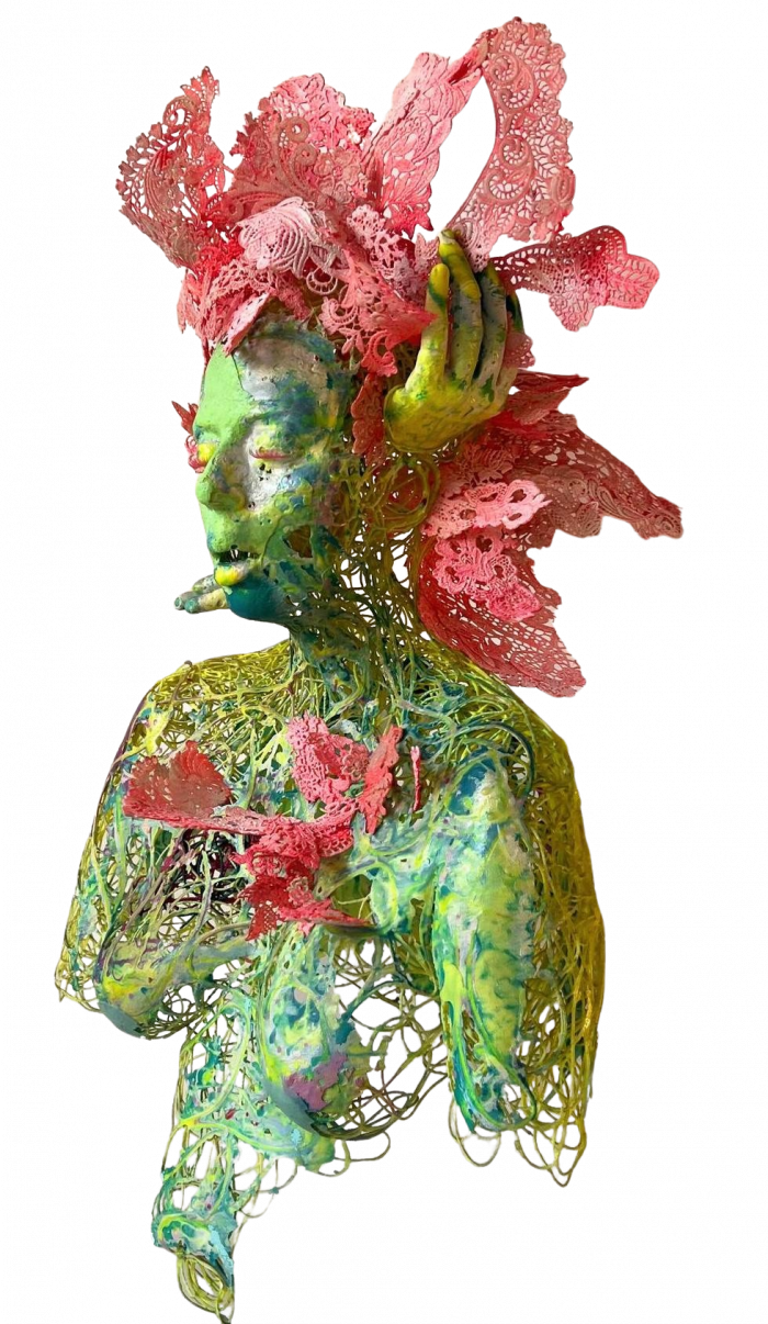 Lote 006 - María Santamaría - Ninfa hipersensible - Escultura aérea. Resina pigmentada con hilo de polipropileno y encaje
